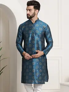 SOJANYA Men Teal Blue & Golden Ethnic Motifs Printed Kurta