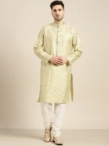 SOJANYA Men Green Floral Regular Sequinned Kurta with Churidar