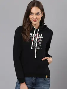 Campus Sutra Women Black Printed Hooded Sweatshirt