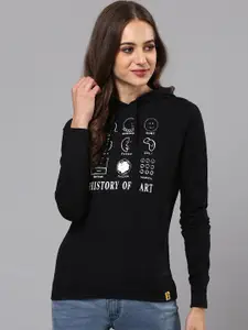 Campus Sutra Women Black Printed Hooded Sweatshirt