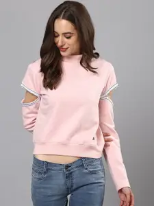 Campus Sutra Women Pink Solid Cut-Out Sleeve Pull Over Sweatshirt