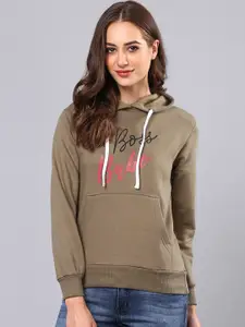 Campus Sutra Women Olive Green Typography Printed Hooded Sweatshirt