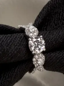 Clara Women Sterling Silver Rhodium-Plated Silver-Toned Cubic Zirconia-Studded Finger Ring