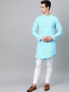 See Designs Men Blue Yoke Thread Work Cotton Asymmetric Angrakha Kurta with Pyjamas