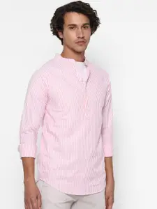 FOREVER 21 Men Pink & White Cotton Linen Striped Casual Shirt