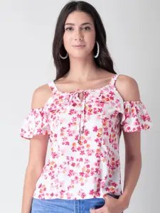FabAlley White & Pink Floral Tie-Up Neck Georgette Regular Top