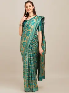 RAJGRANTH Teal Blue & Gold-Toned Ethnic Motifs Zari Silk Cotton Banarasi Saree