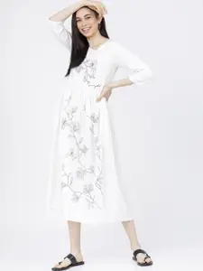 Vishudh Off White Floral A-Line Midi Dress