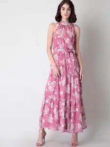 FabAlley Women Pink & Off White Floral Belted Halter Neck Georgette Maxi Dress