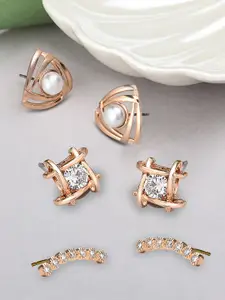 AMI Rose Gold Toned & Rose Gold Plated Set of 3 Contemporary Studs Earrings
