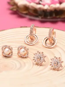 AMI Rose Gold Toned & Rose Gold Plated Set of 3 Contemporary Studs & Drop Earrings