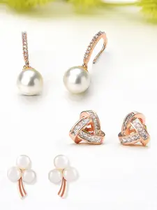 AMI Rose Gold Toned & Rose Gold Plated Set of 3 Contemporary Studs & Drop Earrings
