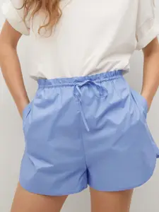 MANGO Women Blue Solid Pure Cotton Regular Shorts