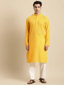 RAJUBHAI HARGOVINDAS Men Yellow Chikankari Pastels Kurta