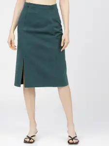 Tokyo Talkies Women Green Solid Straight-Fit A-Line Midi Skirt