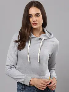 Campus Sutra Women Grey Crop Hooded Sweatshirt
