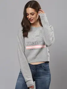 Campus Sutra Women Grey Printed Crop Sweatshirt