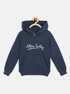 Allen Solly Junior Girls Navy Blue & White Cotton Brand Logo Print Hooded Sweatshirt