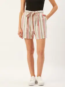 Magnetic Designs Women Off White & Red Striped Pure Cotton High-Rise Regular Shorts