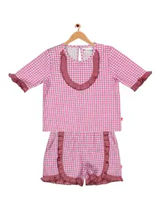 First Kick Girls Pink & White Checked Pure Cotton Top With Shorts