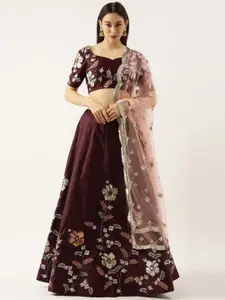 panchhi Burgundy & Pink Embroidered Sequinned Unstitched Lehenga & Blouse With Dupatta