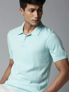 RARE RABBIT Men Blue Self-Design Cotton Polo Collar T-shirt