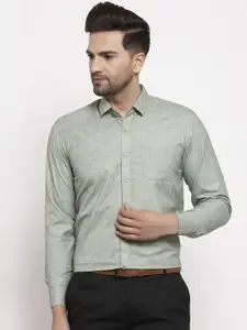 JAINISH Men Green Classic Self Design Button-Down Collar Cotton Formal Shirt