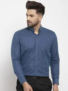 JAINISH Men Blue Classic Self Design Button-Down Collar Cotton Formal Shirt