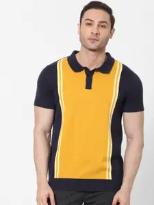 Celio Men Navy Blue  Yellow Colourblocked Polo Collar Cotton Pure Cotton T-shirt