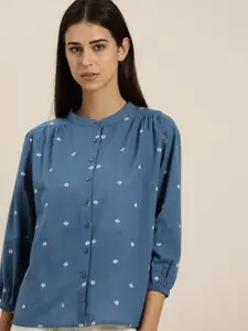 ether Kora Collection Women Blue & White Woven Design Handloom Sustainable Top