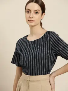 ether Kora Collection Women Navy Blue & White Pure Cotton Striped Sustainable Top