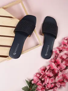 Vishudh Women Navy Blue Textured Open Toe Flats with Laser Cuts