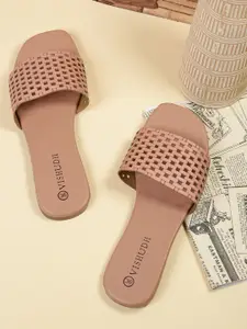 Vishudh Women Peach-Coloured Textured Open Toe Flats with Laser Cuts