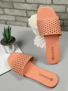 Vishudh Women Orange Textured Open Toe Flats with Laser Cuts