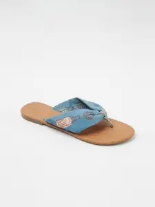 Fabindia Women Blue Printed T-Strap Flats with Laser Cuts