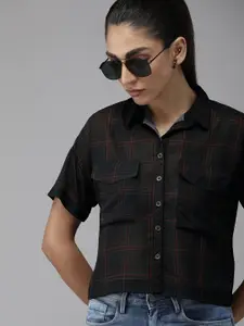 The Roadster Lifestyle Co Women Black & Red Semi Sheer Checked Casual Shirt