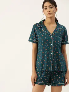ETC ETC Women Green Pure Cotton Floral Print Shorts Set