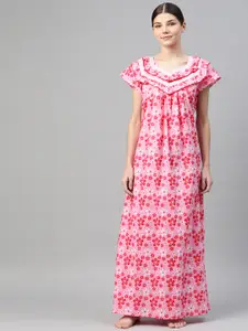 Vemante Pink Floral Printed Cotton Maxi Nightdress
