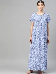 Vemante Blue Floral Printed Cotton Maxi Nightdress