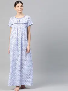 Vemante Blue Floral Printed Cotton Maxi Nightdress