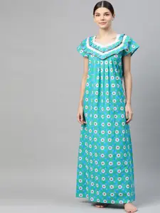 Vemante Teal Blue Floral Printed Cotton Maxi Nightdress