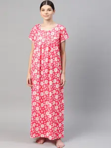Vemante Red Floral Printed Cotton Maxi Nightdress