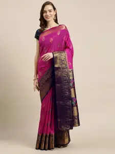 Mitera Pink & Navy Blue Ethnic Motifs Zari Art Silk Kanjeevaram Saree