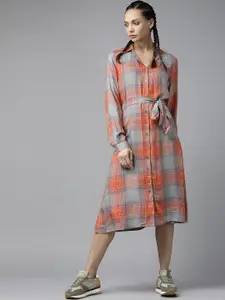 Roadster Women Orange & Grey Checked Shirt Midi Dress with A Belt