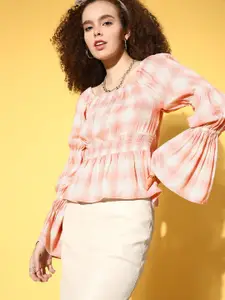 Roadster Pink & White Checked Smocked Top with Bell Sleeves
