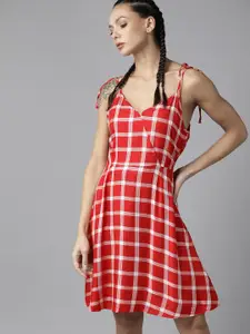 Roadster Women Red & White Checked A-Line Dress