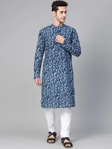 See Designs Men Blue & White Abstract Printed Kurta