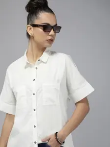 Roadster Women Off White Solid Pure Cotton Casual Shirt