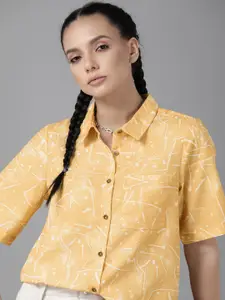 Roadster Women Yellow & Off-White Sustainable Recycled Polyester Printed Casual Shirt