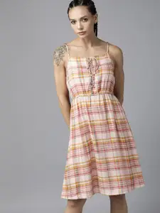 Roadster Women Peach-Coloured & Yellow Checked A-Line Dress